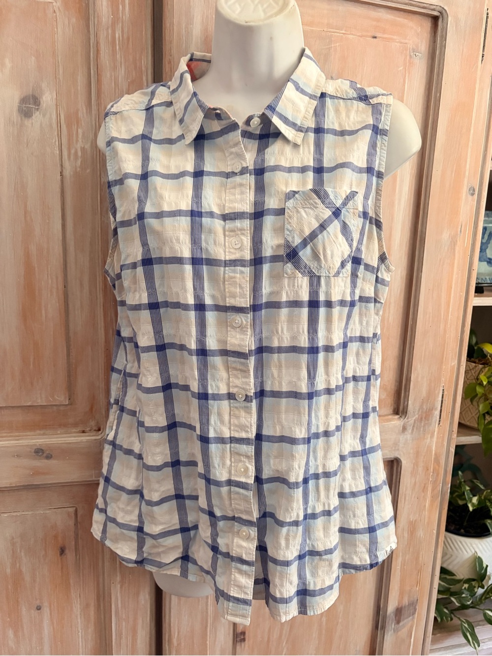 Prana Sleeveless Blue Plaid Button-Front Women's Top large